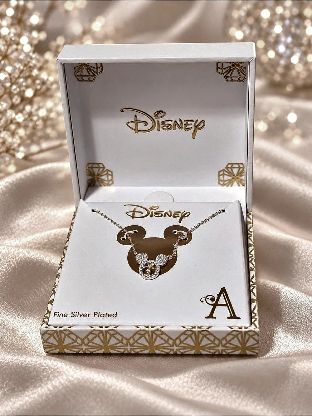 NWT Disney Mickey Mouse Initial A Necklace Crystal Pendant Necklace Fine Silver